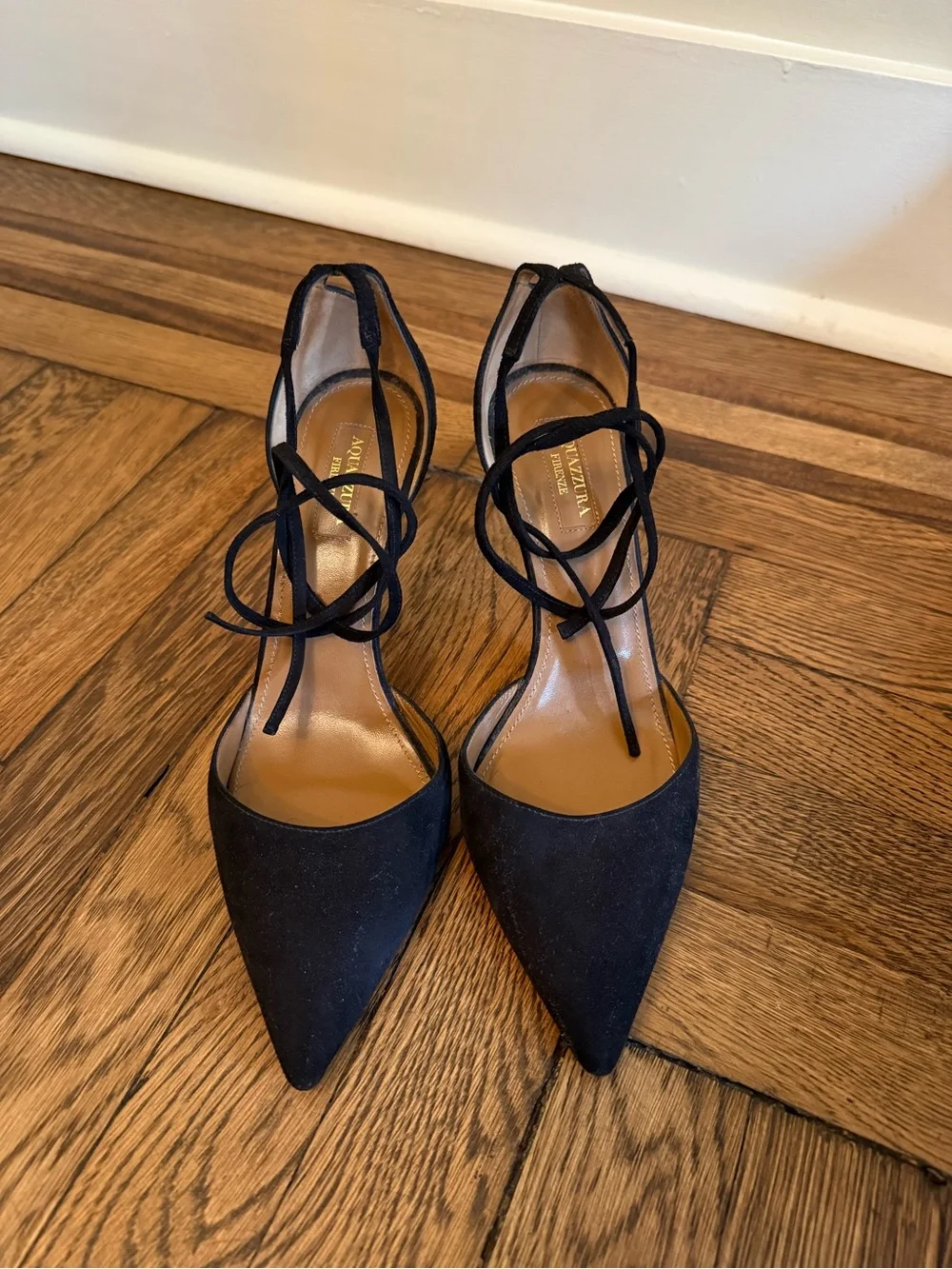 Aquazzura Black Suede Pointed-Toe d’Orsay Stiletto Heels with Ankle Tie